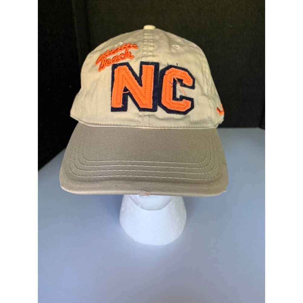 Atlantic beach NC  Beige Tan Orange Patch Logo Strap Back Baseball hat cap